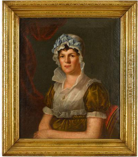 Seated Woman In Lace Cap With Blue Ribbon In Olive Colored Dress Oil Painting - Bass Otis