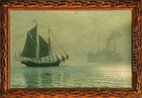 Marine With Steamship Passing A Schooner In Heavy Fog Oil Painting - Viggo Lauritz Helsted