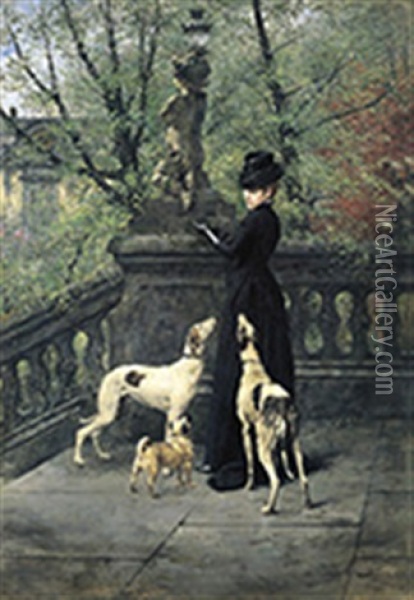 Femme Elegante Avec Ses Chiens Oil Painting - Eugene Joors