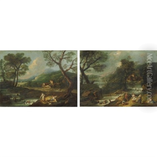 Paesaggi Con Figure Lungo Un Fiume (pair) Oil Painting - Antonio Diziani
