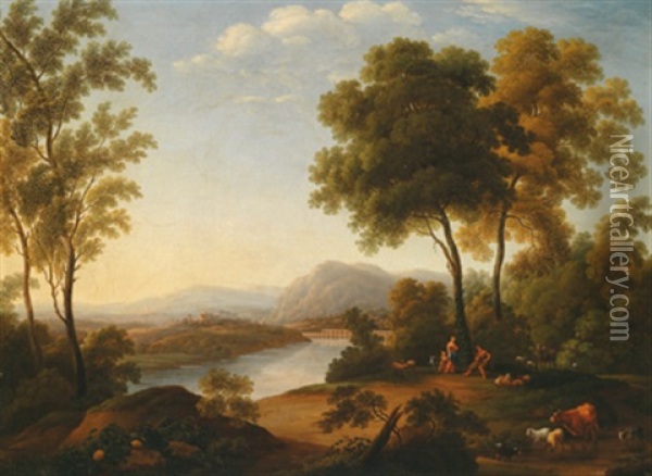 Eine Arkadische Landschaft Mit Einem Fluss Und Aquadukt Im Hintergrund Oil Painting - Jacob Philipp Hackert