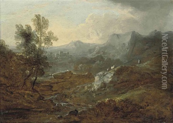 A Mountainous River Landscape With A Shepherd And His Flock, A Fortified Town Beyond Oil Painting - Benjamin (of Bath) Barker