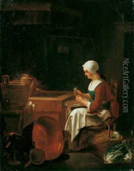 Kucheninterieur Mit Gemuseputzender Magd Oil Painting - Justus Juncker