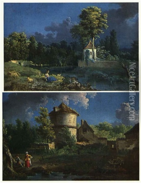 Figures By A Brook With A Dovecote And Other Buildings      In The Distance And A Sheperdhess Oil Painting - Jean Baptiste Pillement