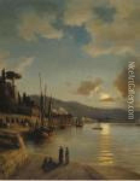 An Oriental Harbour By Moonlight Oil Painting - Anton Melbye