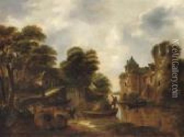 A Wooded River Landscape With Figures Bringing Baskets Across A Stream Oil Painting - Claes Molenaar (see Molenaer)