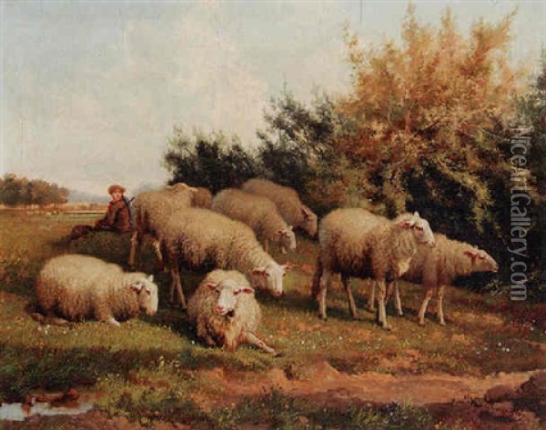 A Flock Of Sheep Oil Painting - Jef Louis Van Leemputten