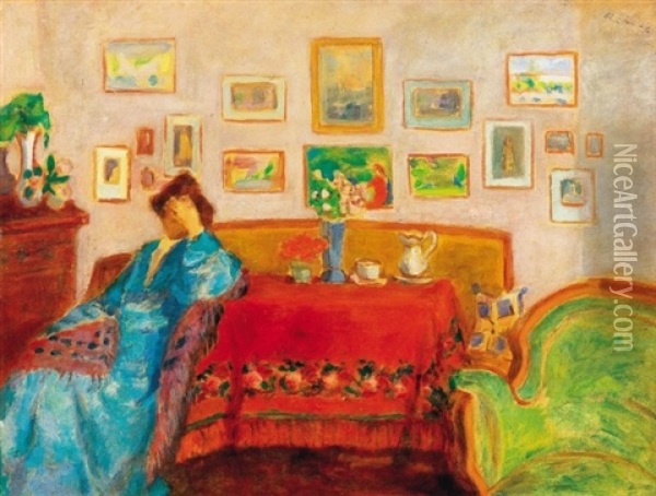 Kekruhas No Enteriorben (lady In Blue Dress In Interieur) Oil Painting - Jozsef Rippl-Ronai