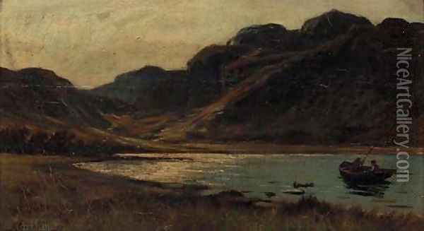 Anglers on a lake before a mountain Oil Painting - Alfred Goodfellow