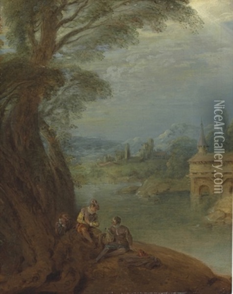 Elegant Figures Conversing By A Riverbank Oil Painting - Jean-Baptiste Pater