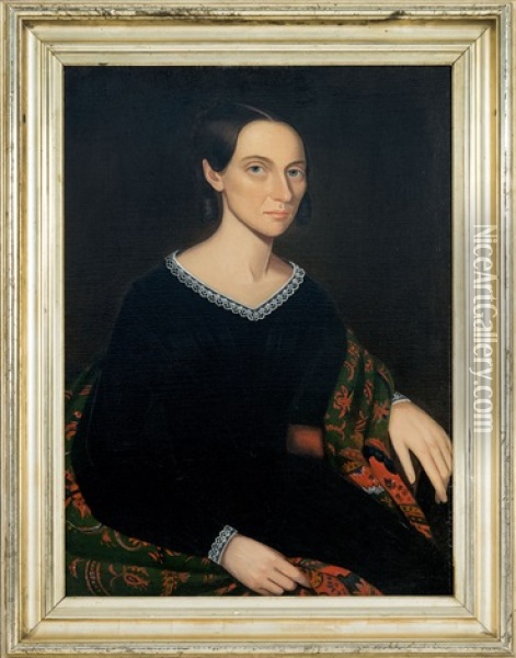 Portrait Of Jane Kinney Wearing A Black Dress With Lace Trim At The Collar And Cuffs Oil Painting - Ammi Phillips