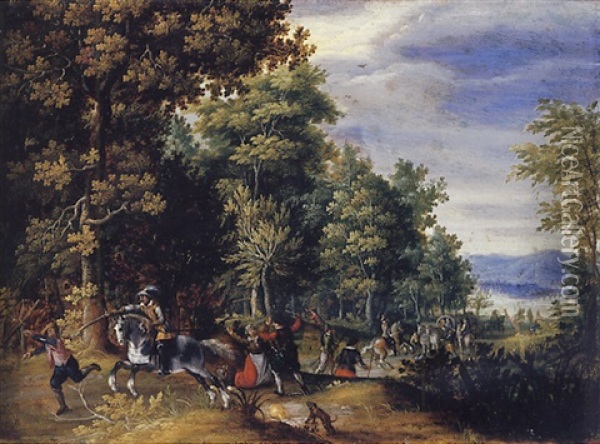 A Wooded Landscape With Travellers Ambushed On A Country Road Oil Painting - Christoffel van den Berge