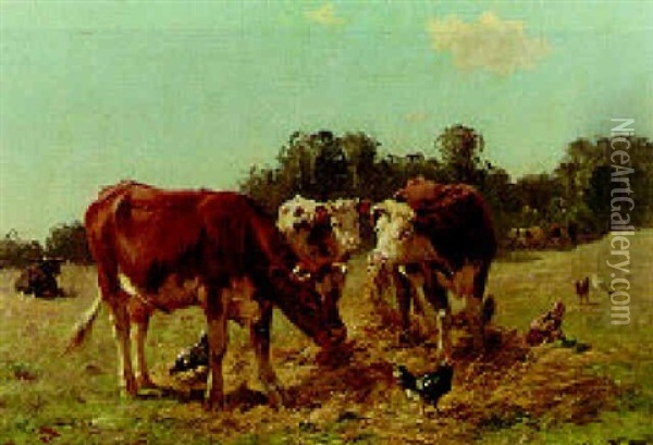 Cattle Feeding In A Meadow Oil Painting - Aymar (Aimard Alexandre) Pezant