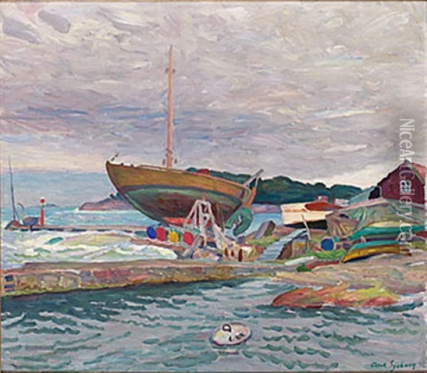 Lotskutter Pa Sliperi, Sandhamn Oil Painting - Axel Sjoeberg