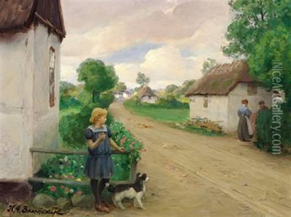 Village Street With A Girl At A White Cottage Oil Painting - Hans Andersen Brendekilde