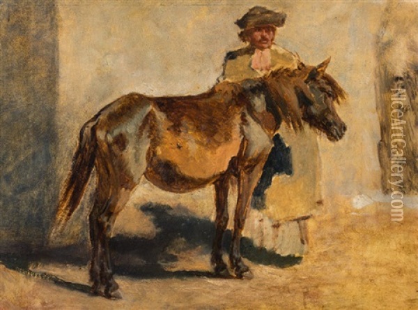 Shepherd With A Horse Oil Painting - August Xaver Carl von Pettenkofen