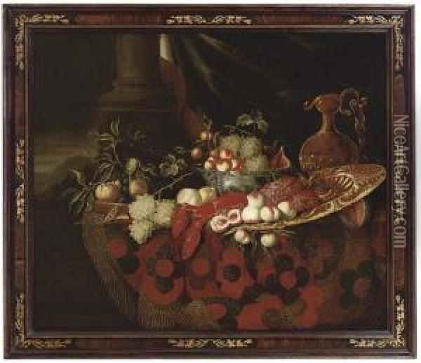 A Glass, A Chinese Bowl, A Ewer, A Salver, Grapes, Peaches, Figs, Lemons And A Lobster Oil Painting - Michiel Simons