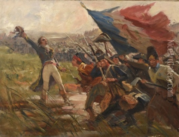 Les Parisiens A Jemmapes Conduits Par Dampierre Oil Painting - Raymond Desvarreux