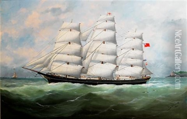 The Full-rigger "king Ceolric" Running Down The Coast Under Full Sail Oil Painting - Edouard Adam