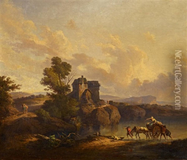 Franzosische Landschaft Mit Pferdekarren Am Seeufer Oil Painting - Jean Baptiste Pillement