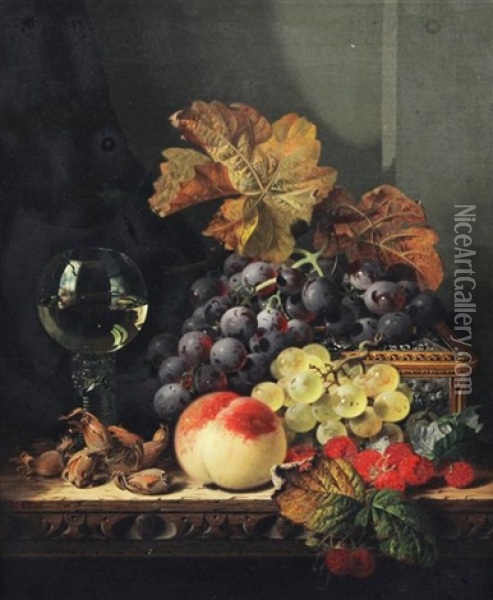 Still Life Of Fruit And A Roemer On A Table Top Oil Painting - Edward Ladell