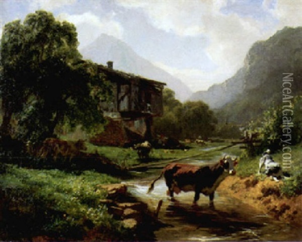 Landschaft Mit Kuh Und Hund. Im Hintergrund Ein Kleines Haus Mit Mutter Und Kind Oil Painting - Johann Rudolf Koller