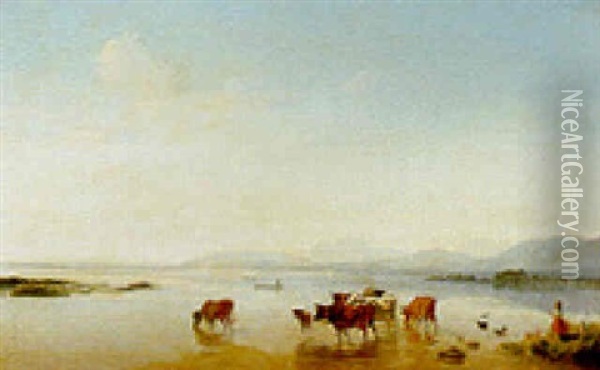 Cattle Watering At A Lakeside Oil Painting - Ernst Kaiser