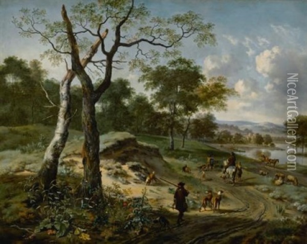 Wooded Evening Landscape With A Hunter And His Dogs, Another Hunter On Horseback Conversing With A Peasant, A Fishermen And A Falconer Carrying A Hoop Of Falcons On A Path, A Wagon And Other Figures By A Lake Beyond Oil Painting - Jan Wijnants
