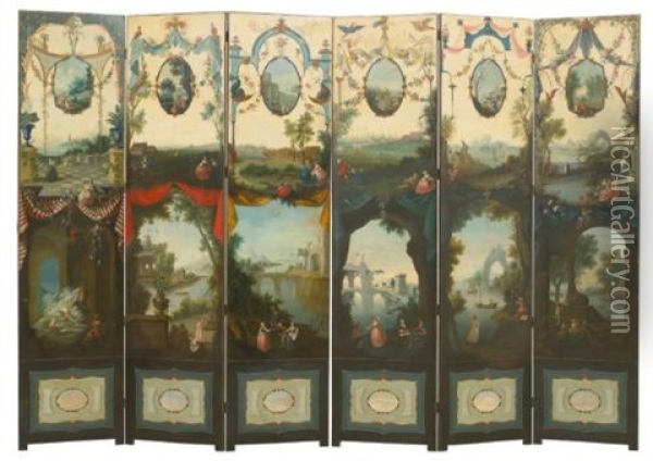 Decorative Screens Showing Scenes Elegant Figures Promenading In Landscapes And Medallions With Putti, Framed By Drapery And Garlands Of Flowers (pair) Oil Painting - Andien de Clermont