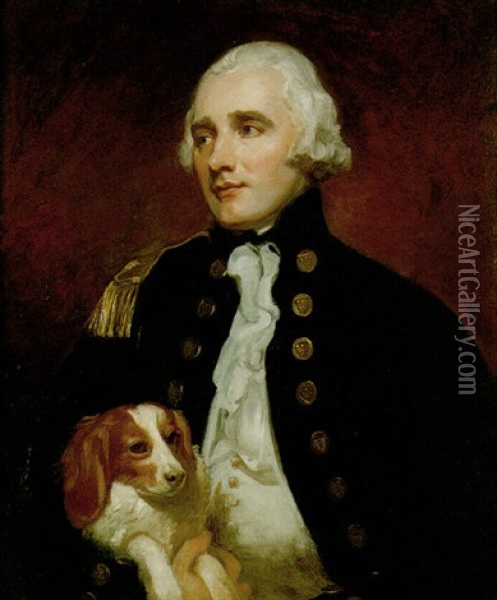 Portrait Of Captain The Hon. Sir George Grey Wearing A Naval Uniform, Holding His Dog Under His Arm Oil Painting - George Romney