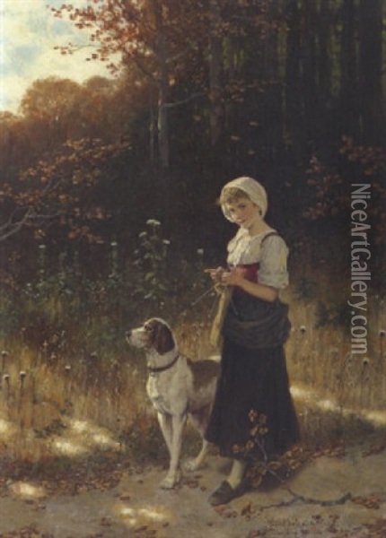 Strickendes Madchen Mit Hund Oil Painting - Hubert Salentin