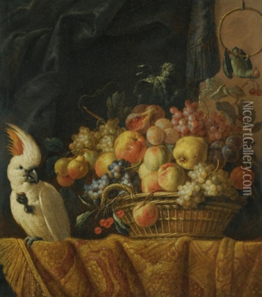 A Still Life Of Figs, Grapes, Apples And Other Fruit On A Table With A Parrot Oil Painting - Jan Pauwel Gillemans The Elder