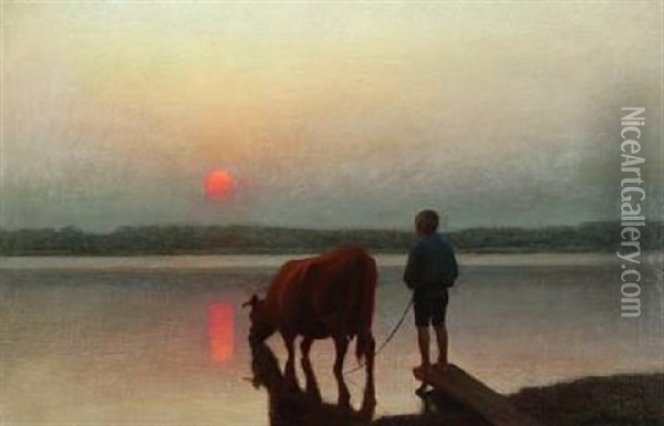 A Boy Watering His Cow In The Last Rays Of The Setting Sun Oil Painting - Hans Ole Brasen