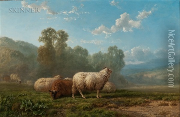 Sheep In A Summer Landscape Oil Painting - Alfred Eduard Agenor de Bylandt