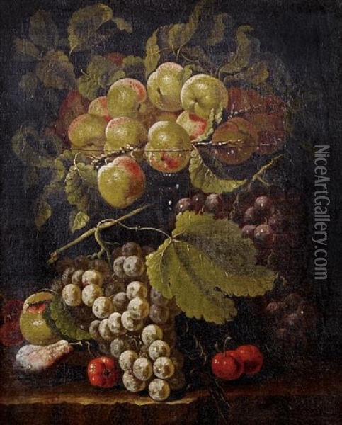 Peaches With Grapes And Cherries On A Stone Ledge Oil Painting - Bartolomeo Castelli the Younger
