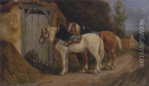 Zwei Pferde In Farbenfrohen Geschirr Vor Einem Tor Oil Painting - Rosa Bonheur