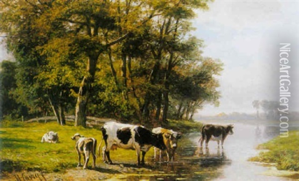 Watering Cows Oil Painting - Hendrik Savry