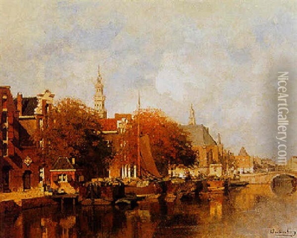 A View Of A Dutch Town Oil Painting - Johannes Christiaan Karel Klinkenberg