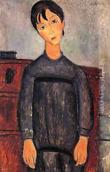 Little Girl in Black Apron Oil Painting - Amedeo Modigliani