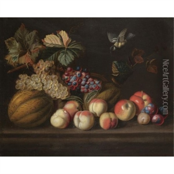 A Still Life With A Melons, Grapes, Peaches, Apples And A Bluetit Oil Painting - Jakob Bogdani