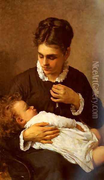 Maternita' (Motherhood) Oil Painting - Sylvestro Lega