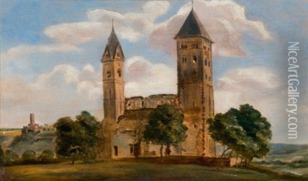 Etude D'eglise Romane Dans Un Paysage Vallonne (study) Oil Painting - Adrien Dauzats