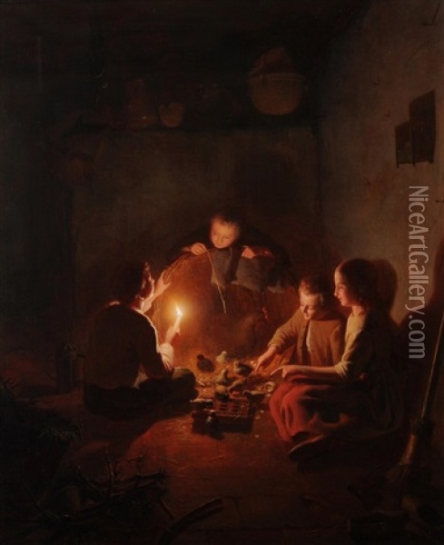 Kinder Mit Kuken Im Stall Bei Kerzenschein Oil Painting - Johannes Rosierse