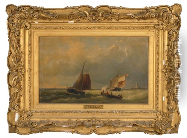 Five Men In A Rowing Dory Approaching A Fishing Vessel. Larger Two-masted French Ship Sailing To Windward. Lighthouse In Distant Right Oil Painting - Johannes Hermanus Barend Koekkoek