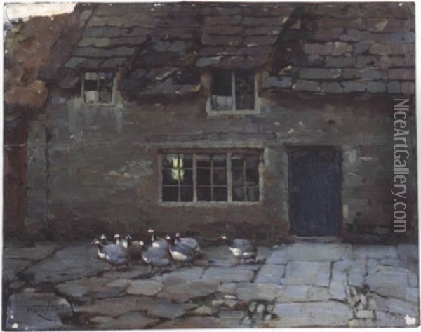 Guinea Fowl In Front Of A Cottage Oil Painting - Frederick Hall