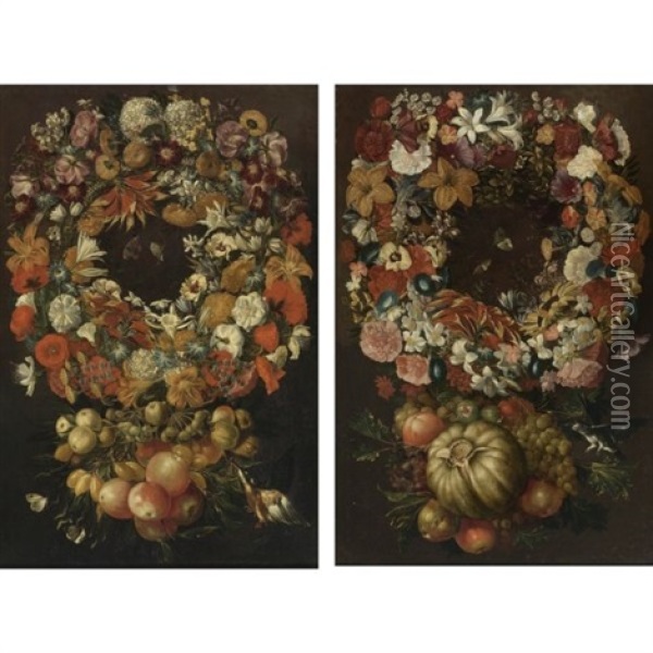 A Garland Of Flowers With A Melon, Grapes And Other Fruit (+ A Garland Of Flowers With Apples, Plums And Other Fruit; Pair) Oil Painting - Antonio Ponce