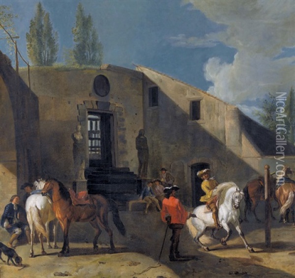 Rastende Reiter Vor Einem Hof Oil Painting - Pieter van Bloemen