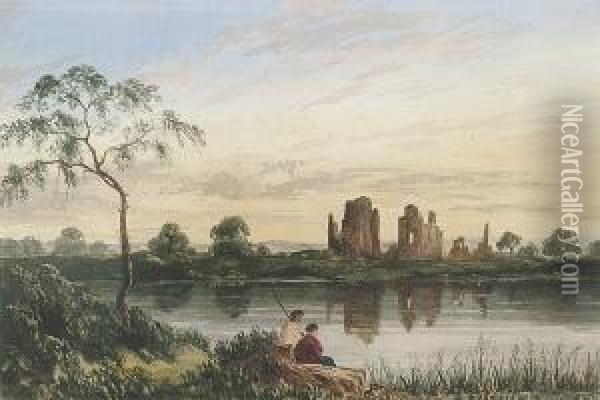 Figures By A Lake; Ruins By A River Oil Painting - William Crouch
