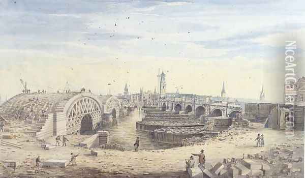 Construction of the new London Bridge alongside the old London Bridge, 1823 Oil Painting - Gideon Yates