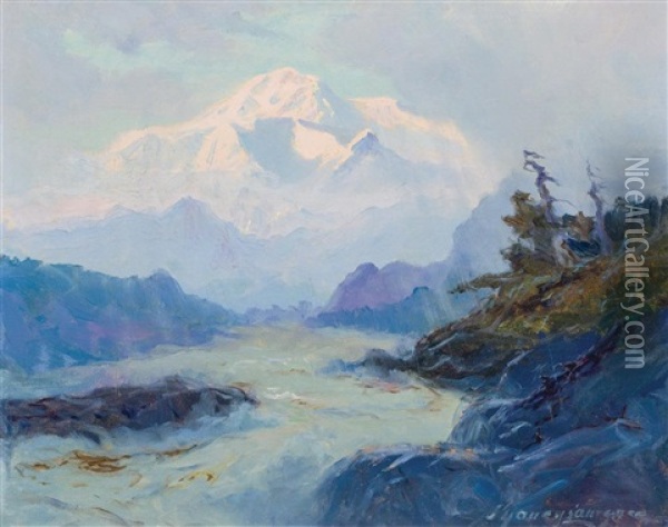 Mount Mckinley From The Rapids Of The Tokositna River Oil Painting - Sydney Mortimer Laurence